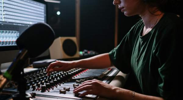 woman using sound equipment